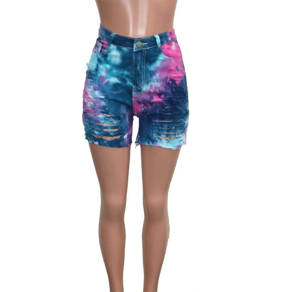 Tie Dye Denim Ripped Shorts