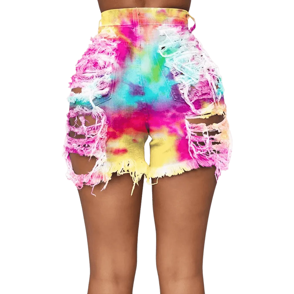 Tie Dye Denim Ripped Shorts