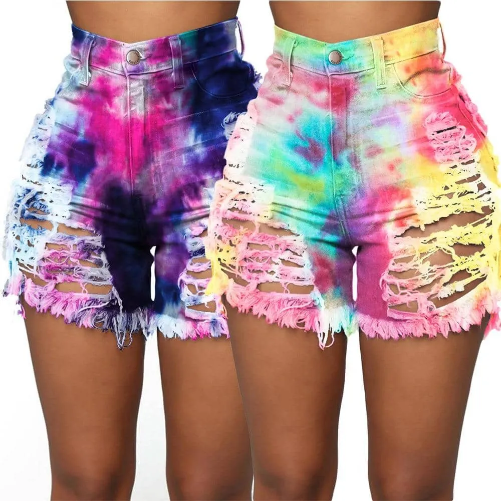 Tie Dye Denim Ripped Shorts