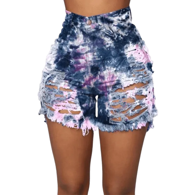 Tie Dye Denim Ripped Shorts