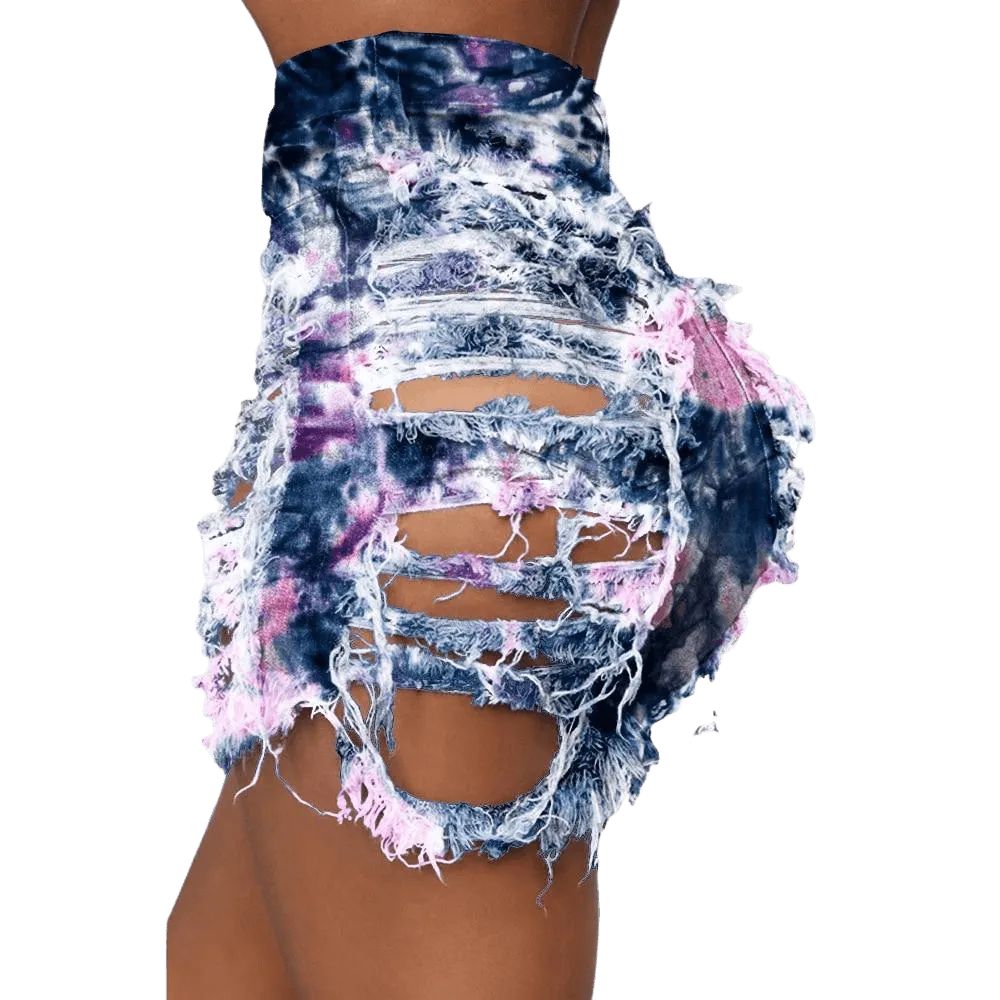 Tie Dye Denim Ripped Shorts