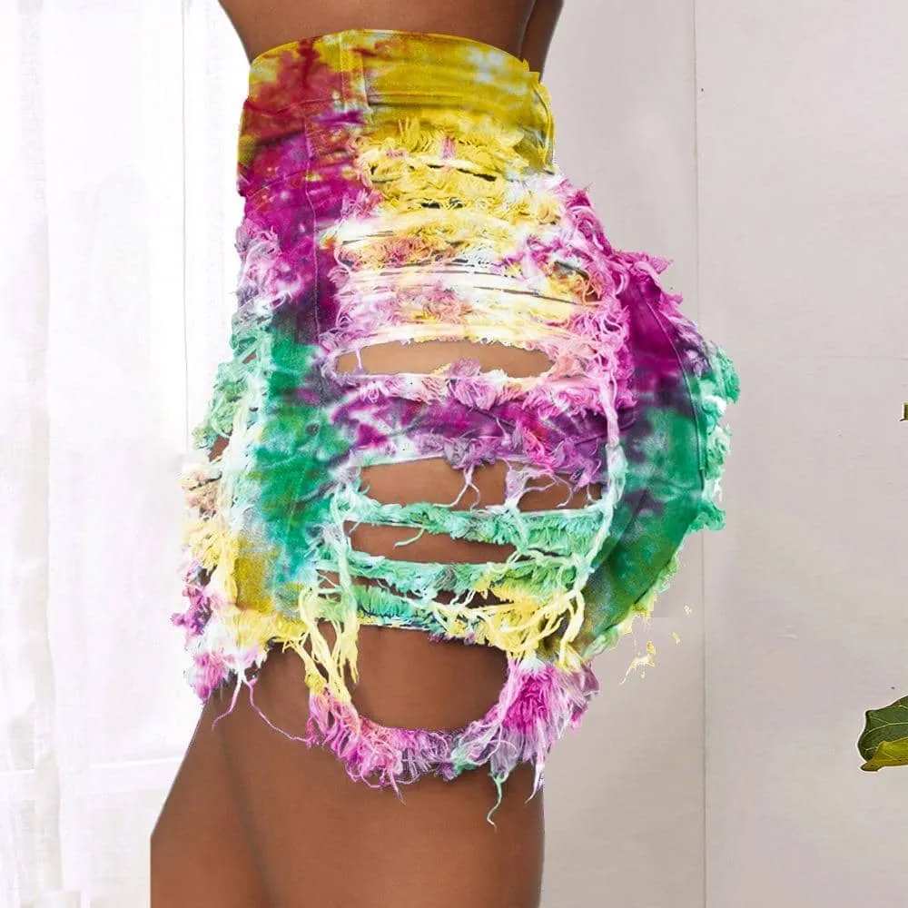 Tie Dye Denim Ripped Shorts