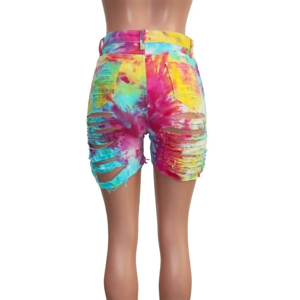 Tie Dye Denim Ripped Shorts