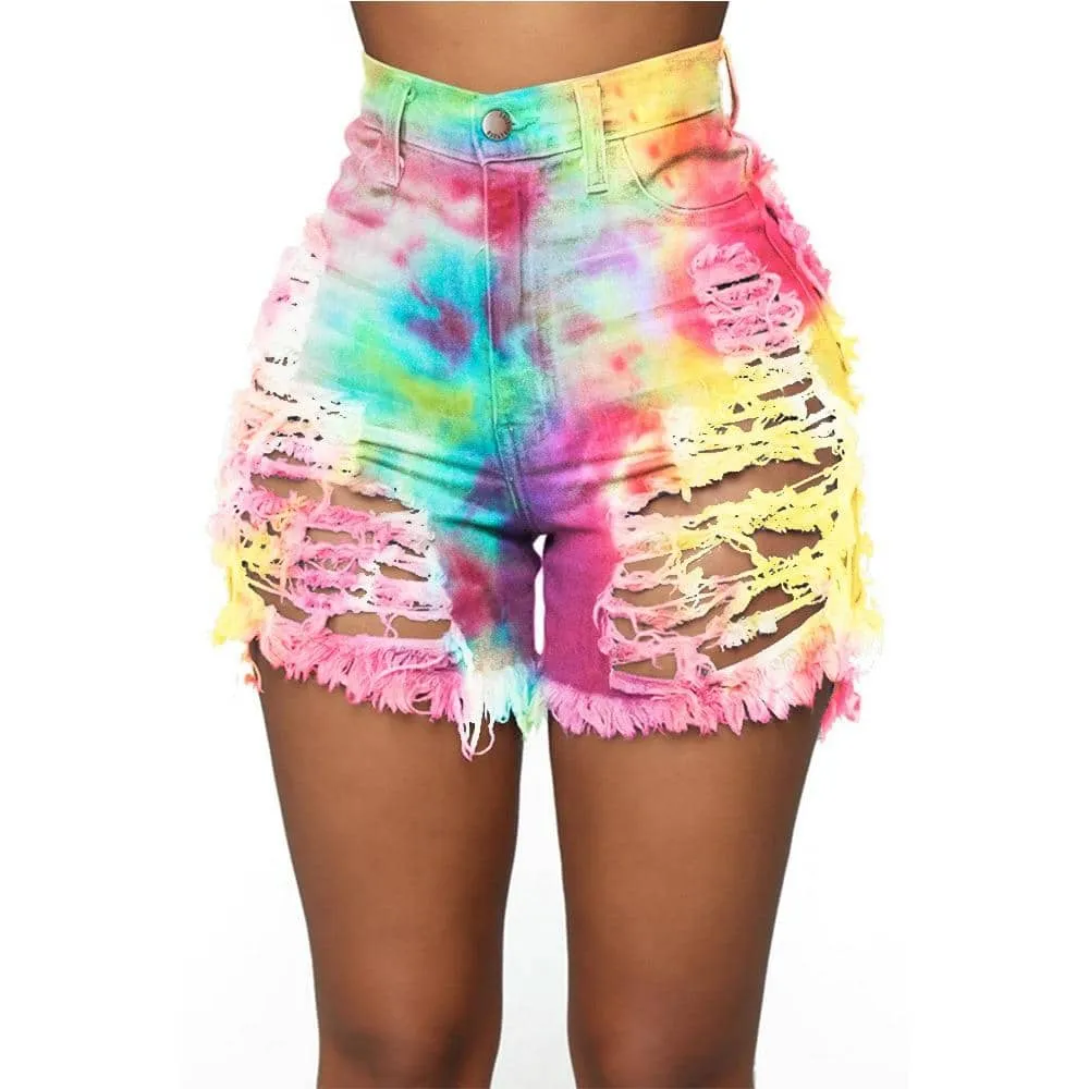 Tie Dye Denim Ripped Shorts