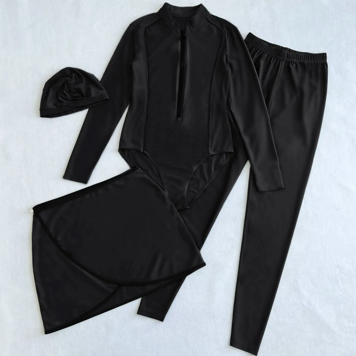 Zip-Up One-Piece Swimsuit, Pants, Sarong, and Swim Cap Set